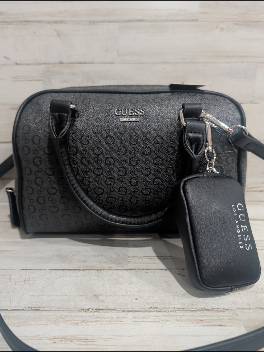 GUESS Los Angeles Marx Logo Dome Satchel NEW Black/Coal Crossbody Double Handle
